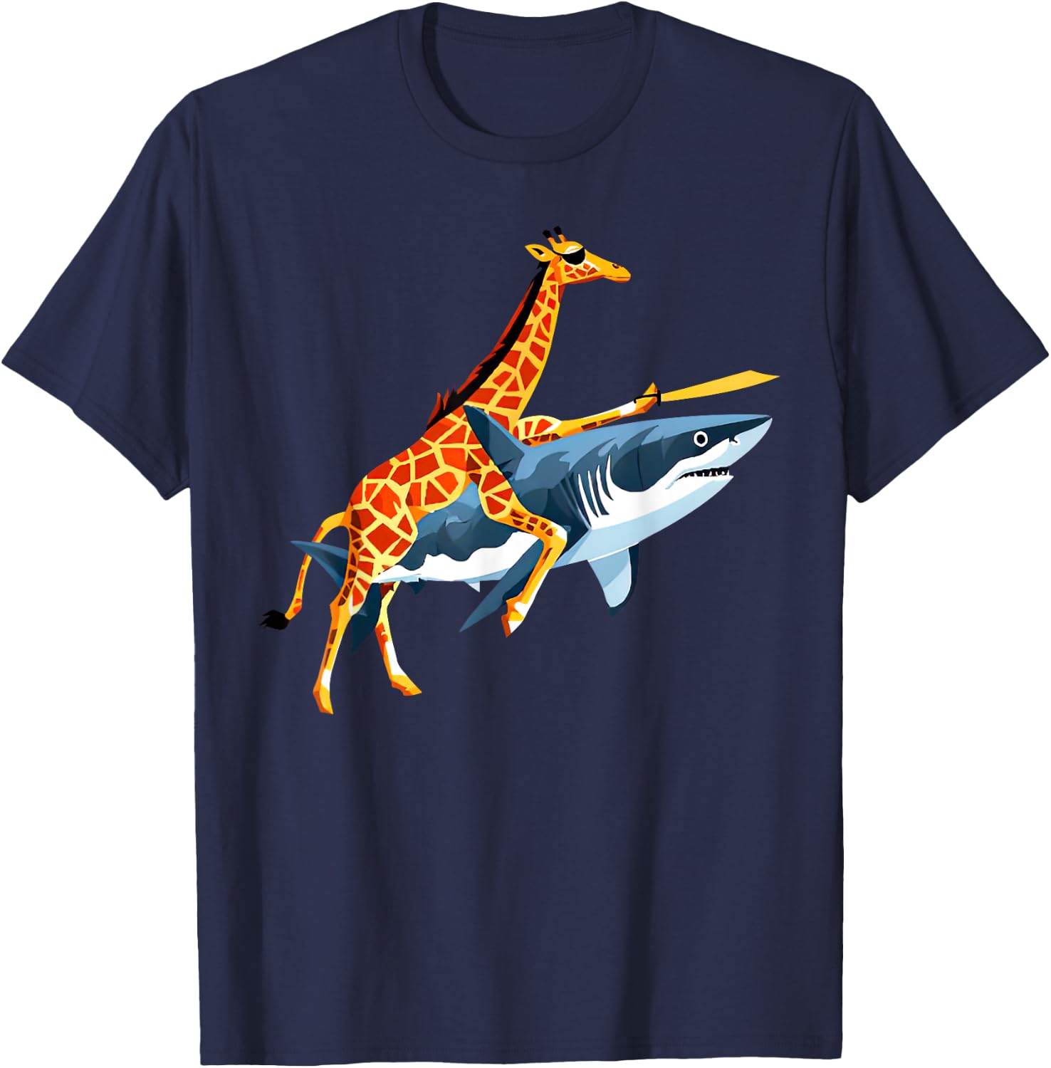 Retro Giraffe Riding Shark Funny Animal Lover Graphic T-Shirt - T-Shirt | Navy