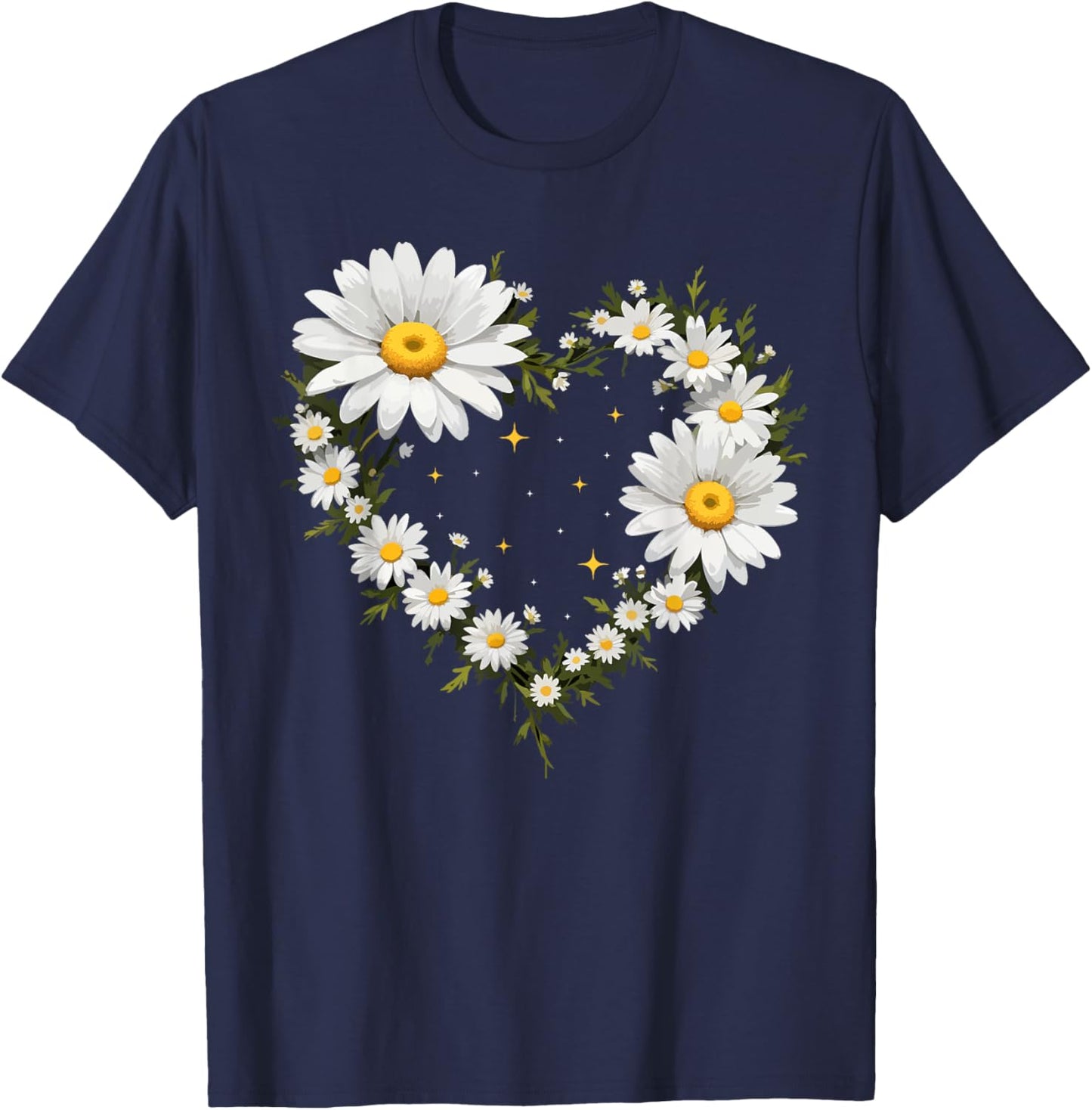 Heart With Daisy Flowers, Daisies With Heart Outline T-Shirt - T-Shirt | Navy