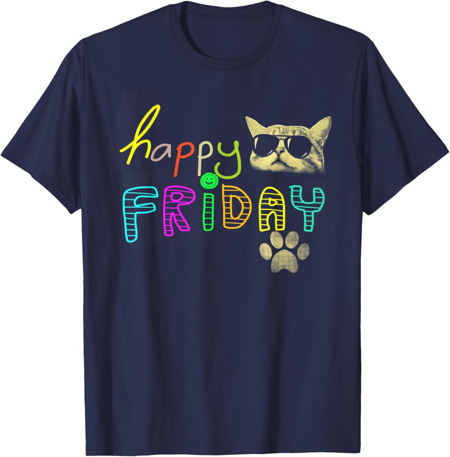 Funny cat lovers Happy Friday Cute Rainbow Graphic Women Kids T-Shirt - T-Shirt | Navy