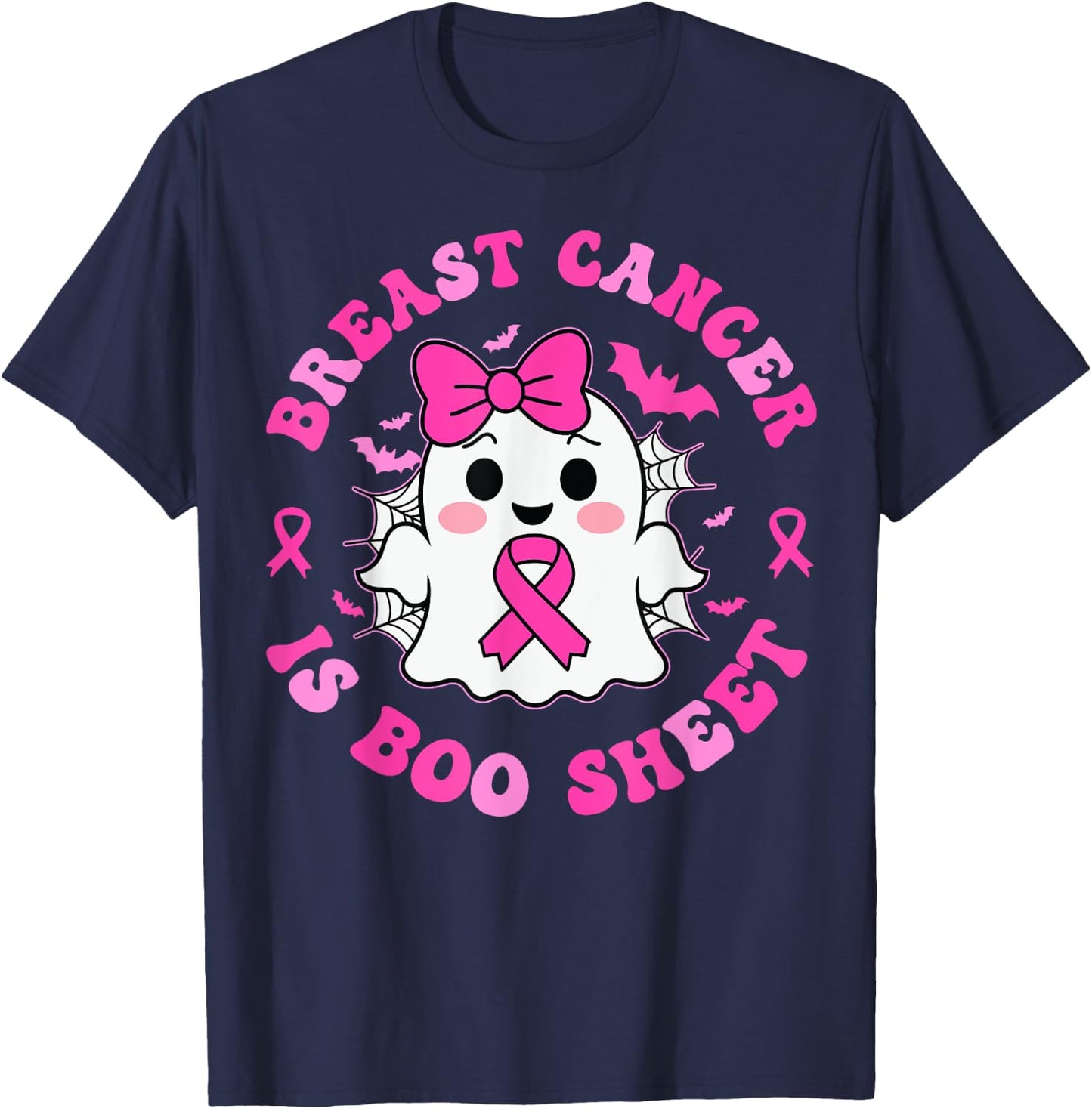 Groovy Breast Cancer is Boo Sheet Awareness Halloween Ghost T-Shirt - T-Shirt | Navy