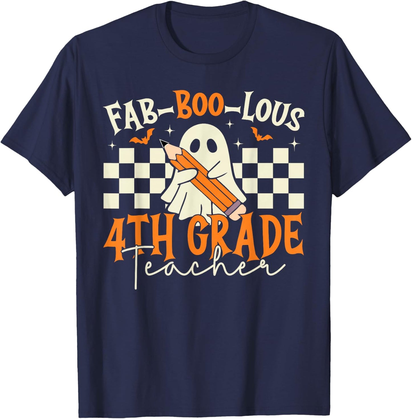 Fab Boo Lous 4th Grade Teacher Retro Ghost Spooky Halloween T-Shirt - T-Shirt | Navy
