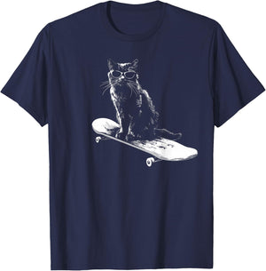 Cool Skateboarding Cat with Sunglasses Women Kids T-Shirt - T-Shirt | Navy
