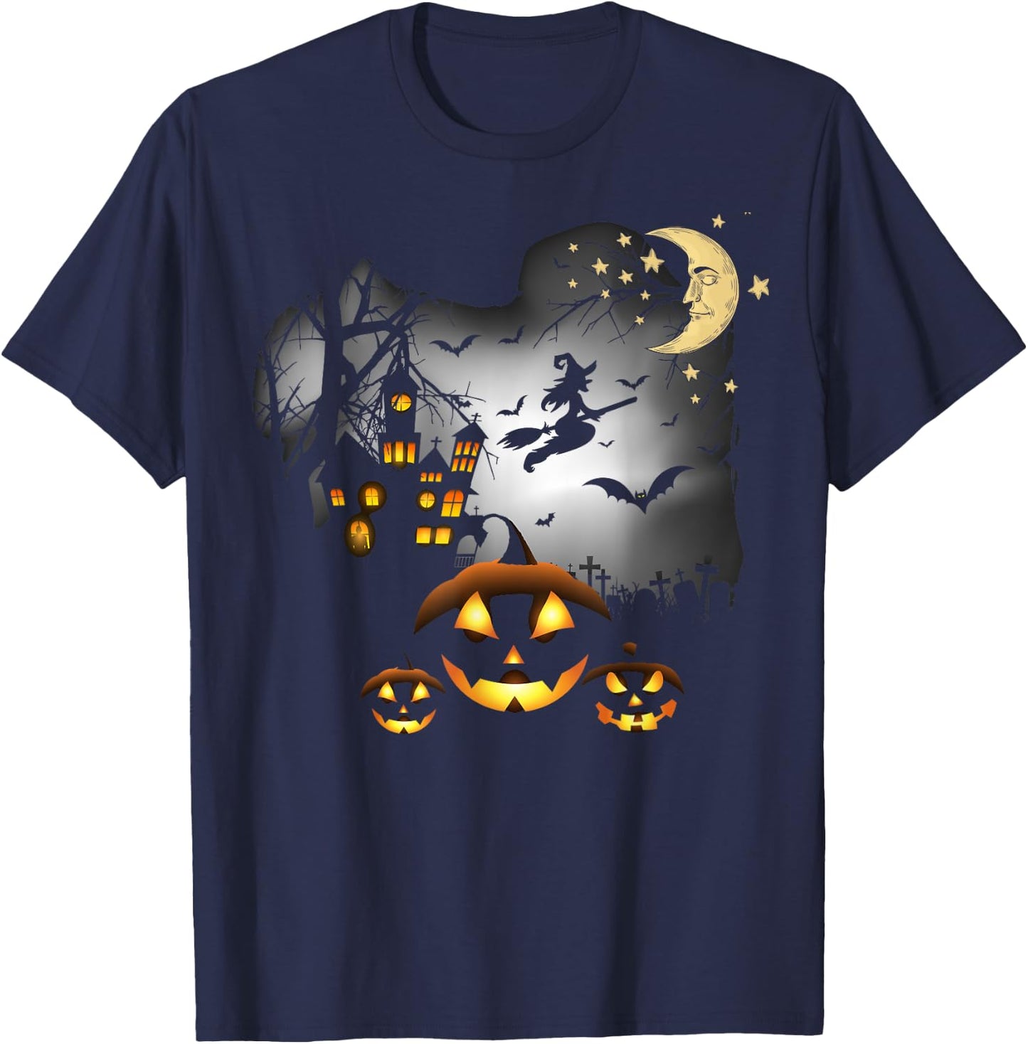 Haunted House shirt - Flying Witch - Jack o Lantern T-Shirt - T-Shirt | Navy