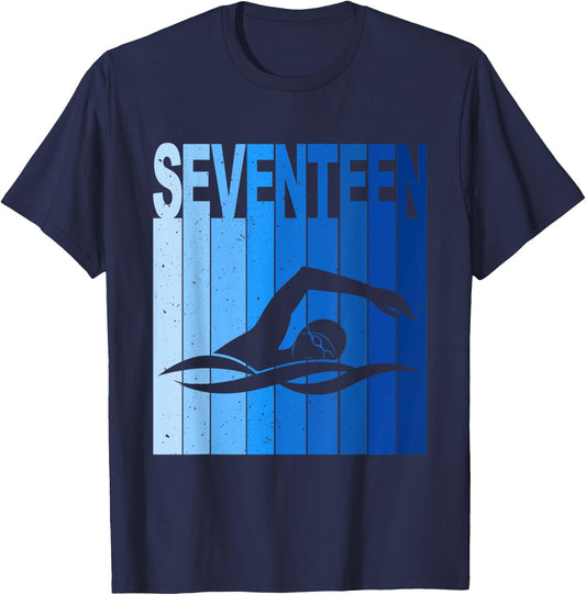 17th Birthday Swimming 17 Year Old Birthday Swimmer T-Shirt - T-Shirt | Navy