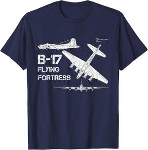 B-17 Flying Fortress WW2 Heavy Bomber Aircraft Blueprint T-Shirt - T-Shirt | Navy
