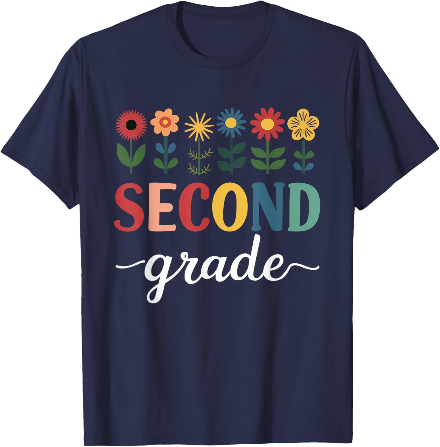 2nd Grade Wildflower Floral Back To School T-Shirt - T-Shirt | Navy