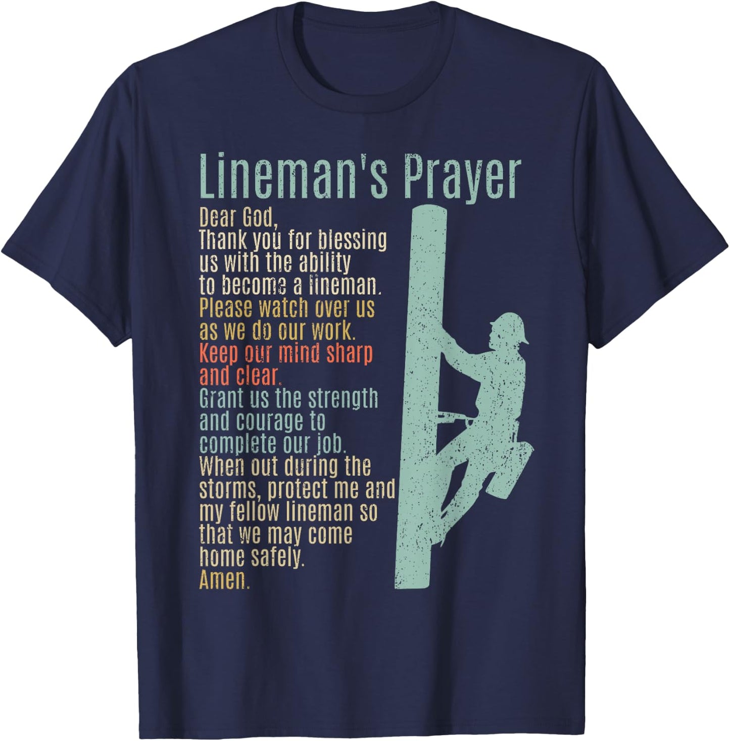 Electrical Lineman Designs With Sayings Electrical Lineman Prayer Power Lineman T-Shirt - T-Shirt | Navy