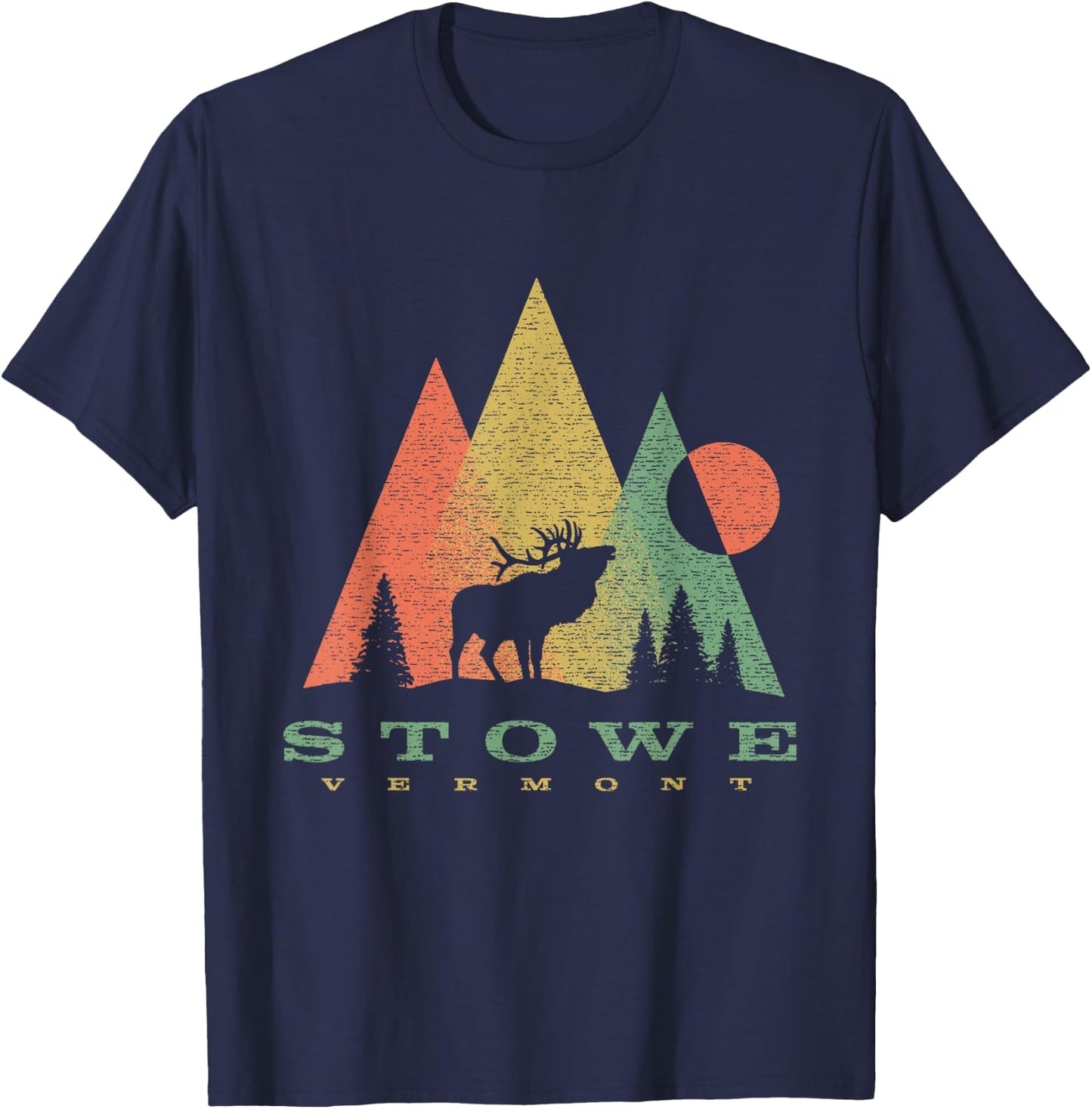 Vintage Geometric Mountains Deer Stowe Vermont Vacation T-Shirt - T-Shirt | Navy