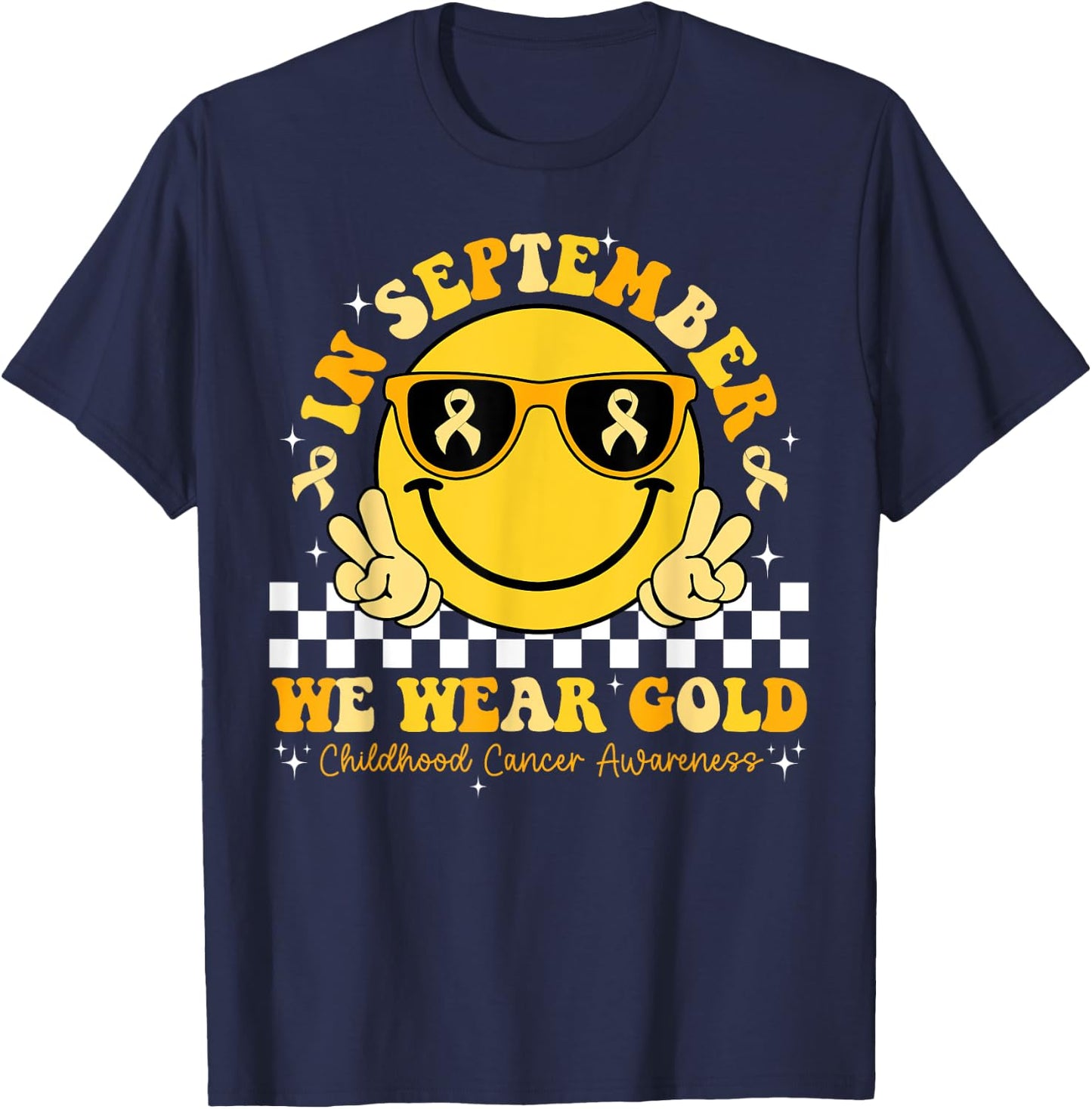September We Wear Gold Childhood Cancer Awareness Smile Face T-Shirt - T-Shirt | Navy