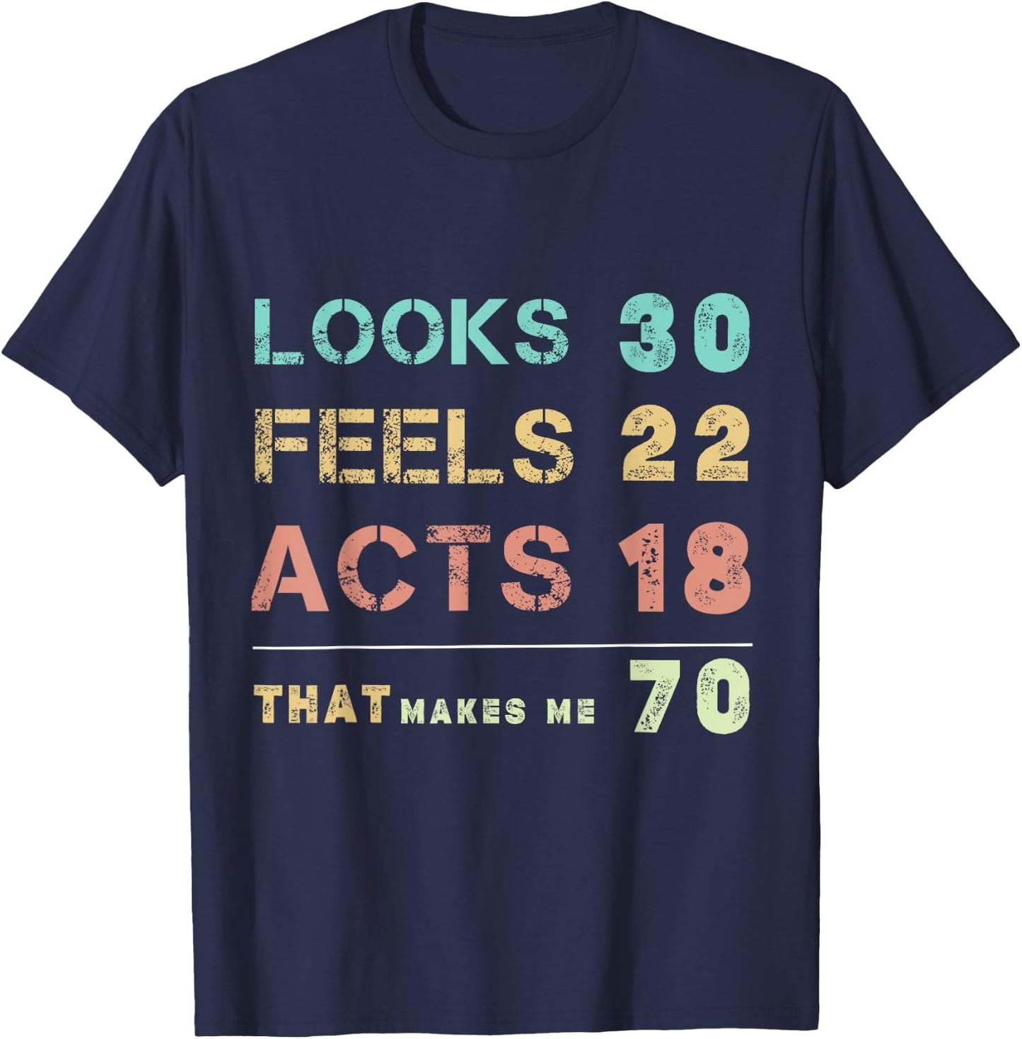 Looks 30 feels 22 acts 18 that makes me 70 happy 70th b day T-Shirt - T-Shirt | Navy