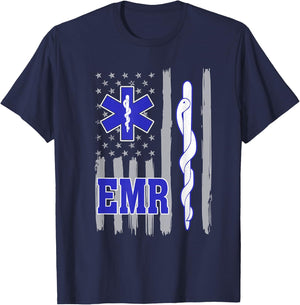 American Flag Blue Thin line EMR Emergency Medical Responder T-Shirt - T-Shirt | Navy