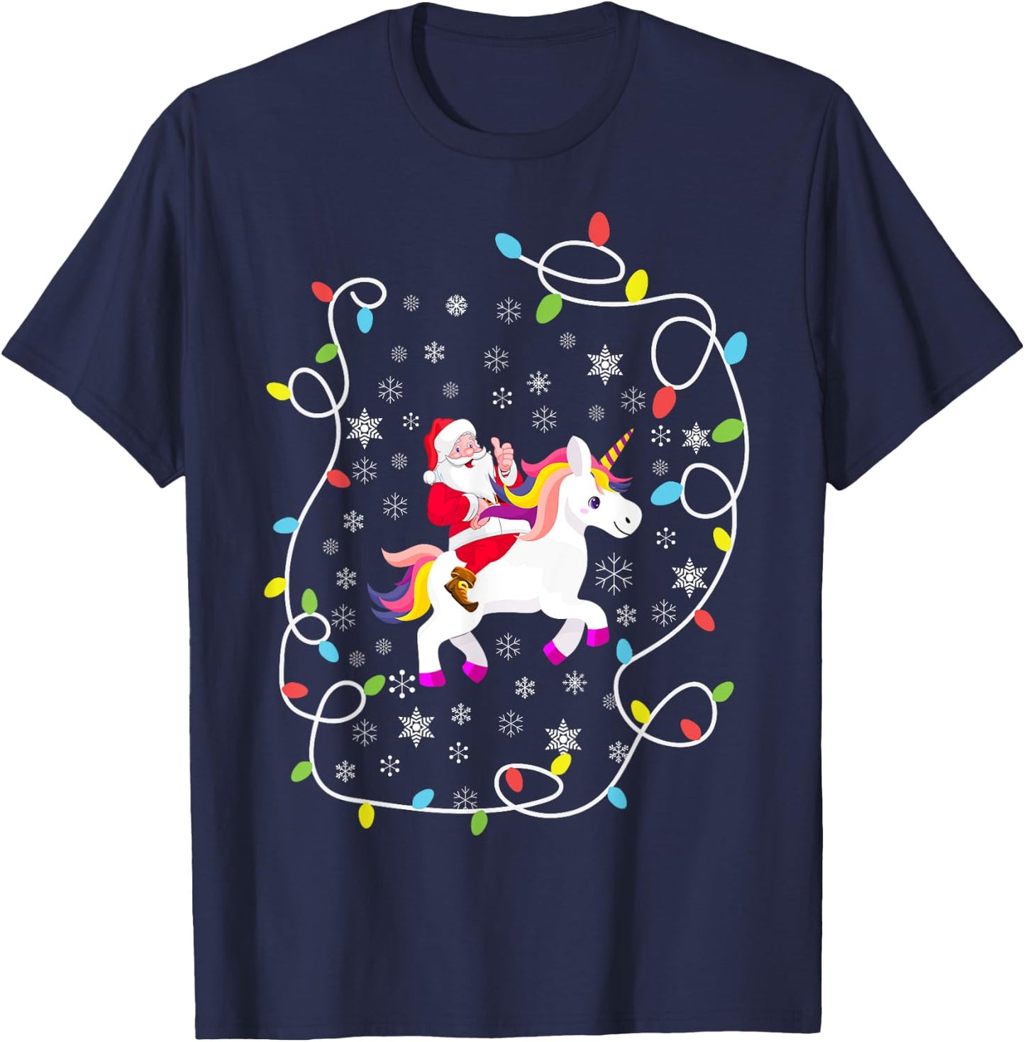 Santa Riding Unicorn Christmas Lights Merry Christmas Tree T-Shirt - T-Shirt | Navy