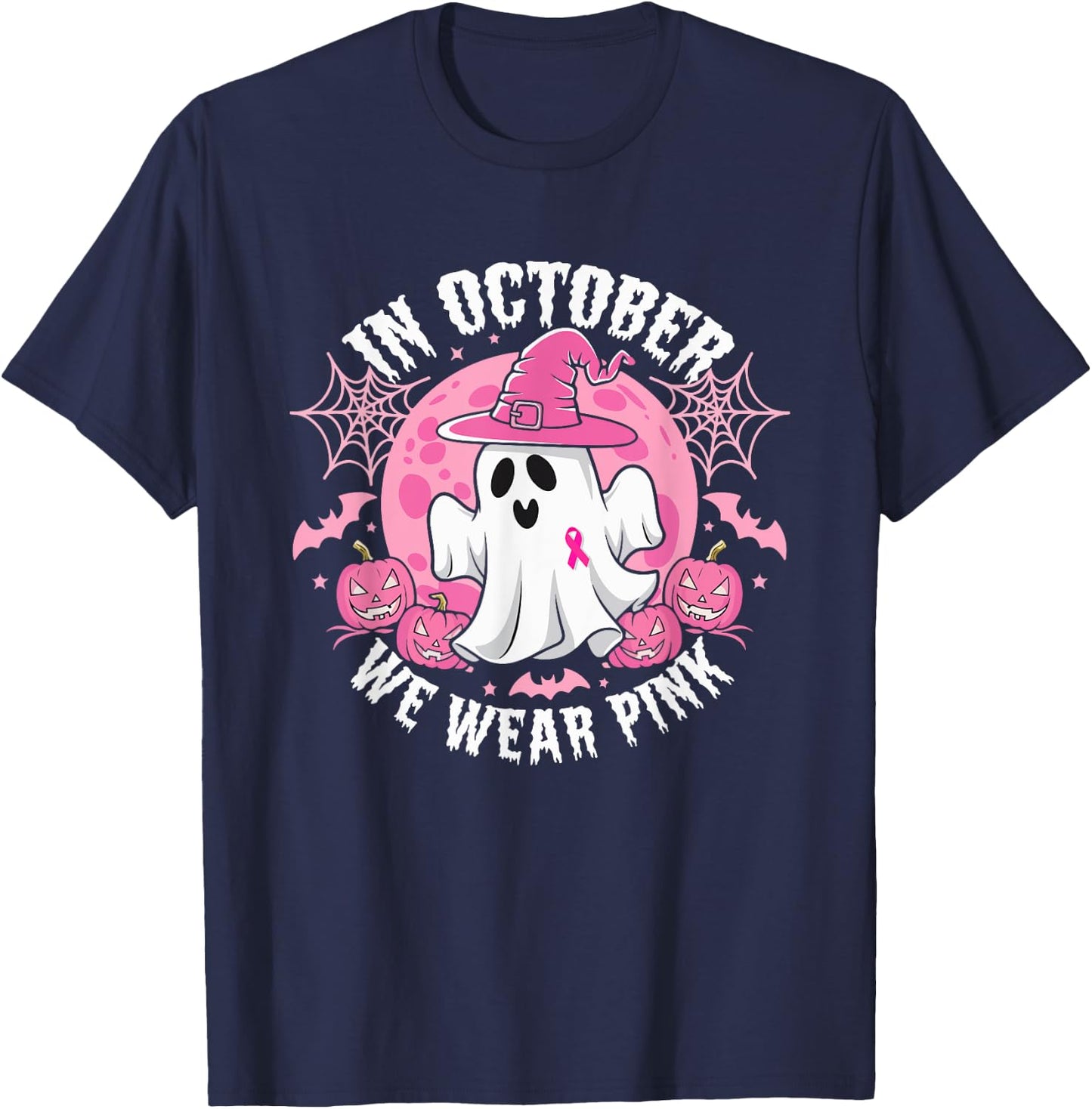 In October We Wear Pink Ribbon Ghost Witch Hat Halloween T-Shirt - T-Shirt | Navy