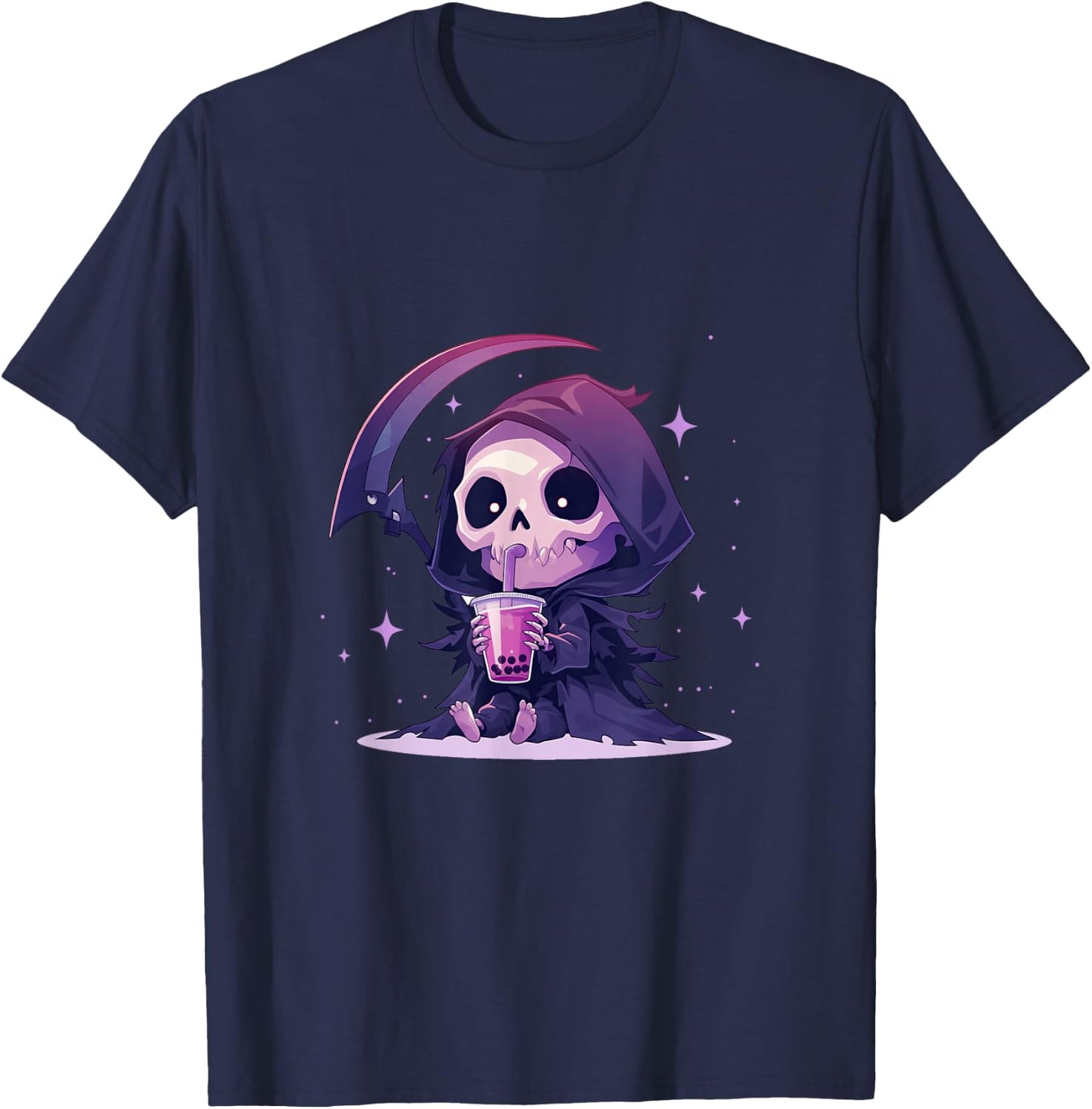 Chibi Grim Reaper Drinking Boba Tea T-Shirt - T-Shirt | Navy