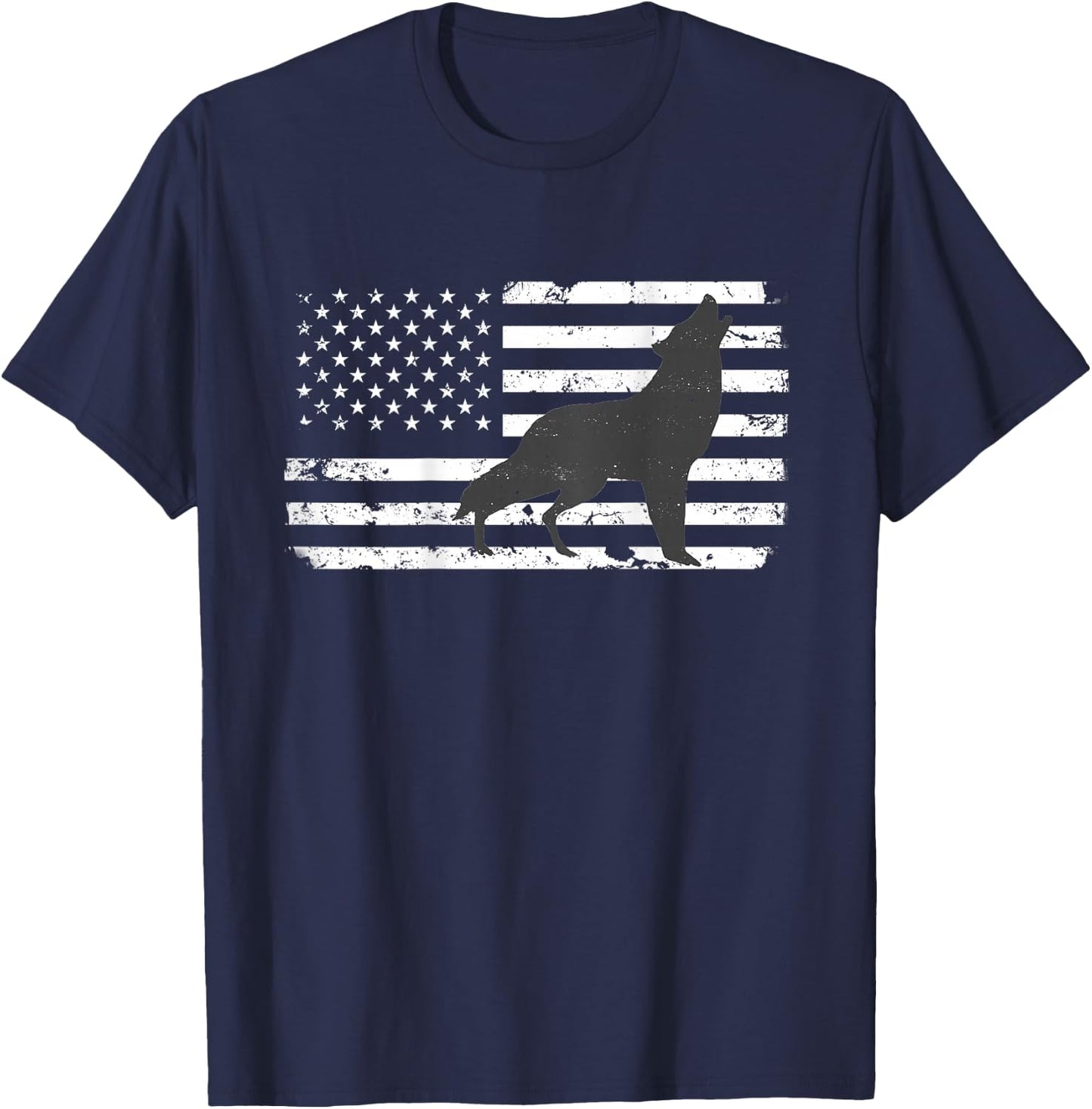 Gray Lone Wolf Distressed American Flag BACK PRINT T-Shirt - T-Shirt | Navy