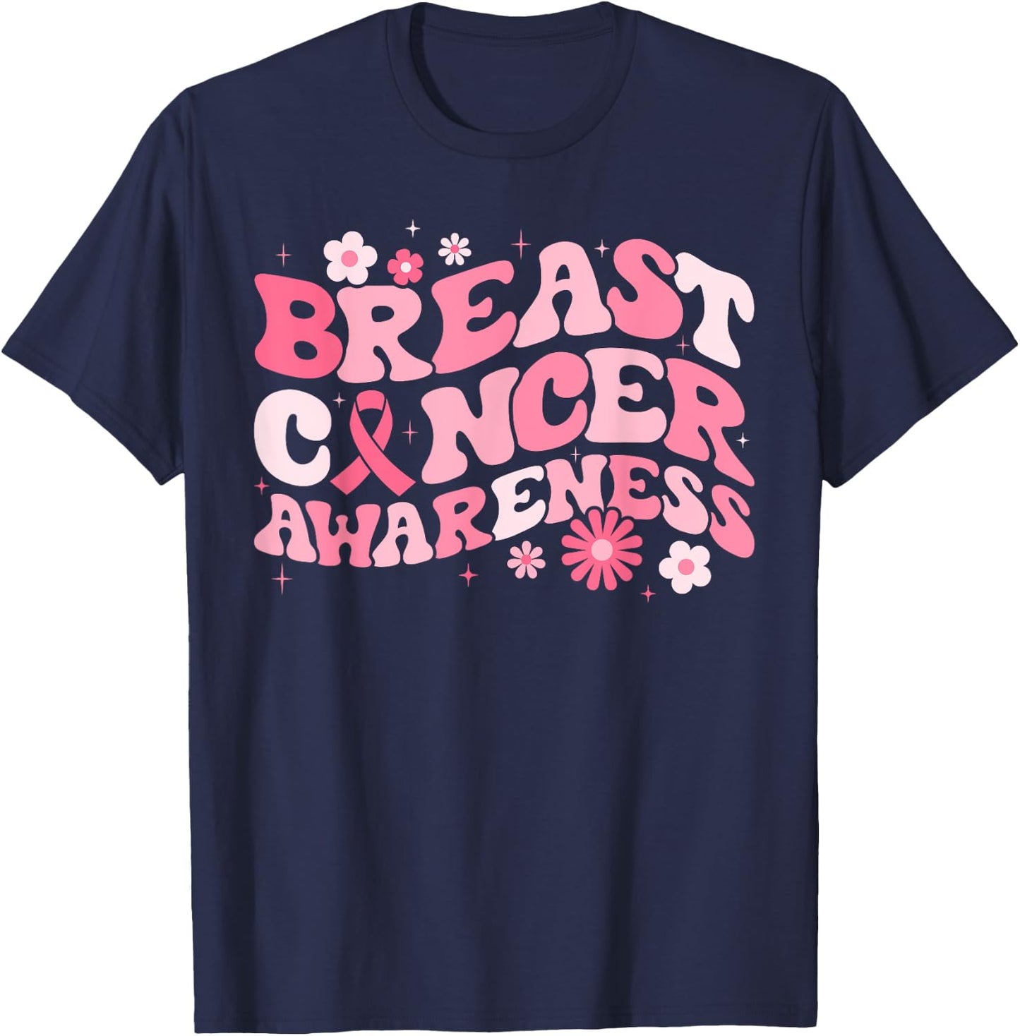Groovy Breast Cancer Awareness Pink Ribbon Women Warrior T-Shirt - T-Shirt | Navy