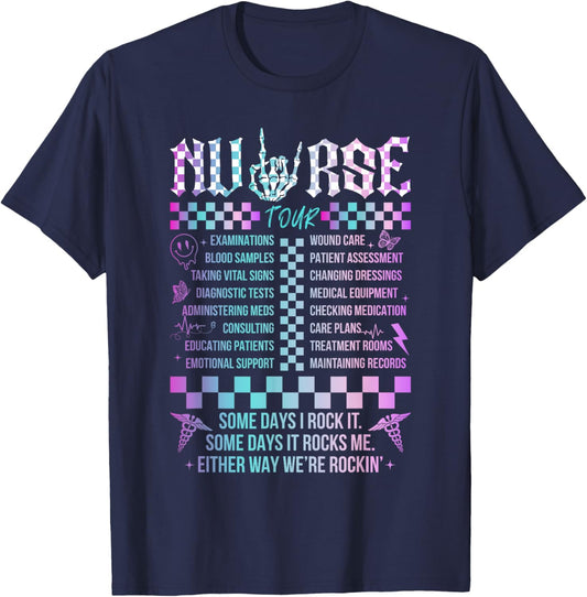 Tie Dye Nurse Skeleton Tour Somes Day I Rock It Nurse Life T-Shirt - T-Shirt | Navy