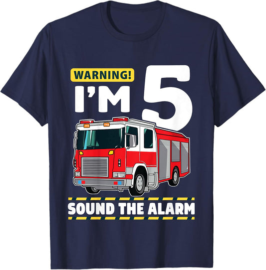 Kids Fire Truck 5 Year Old Firefighter 5th Birthday Boy Five T-Shirt - T-Shirt | Navy