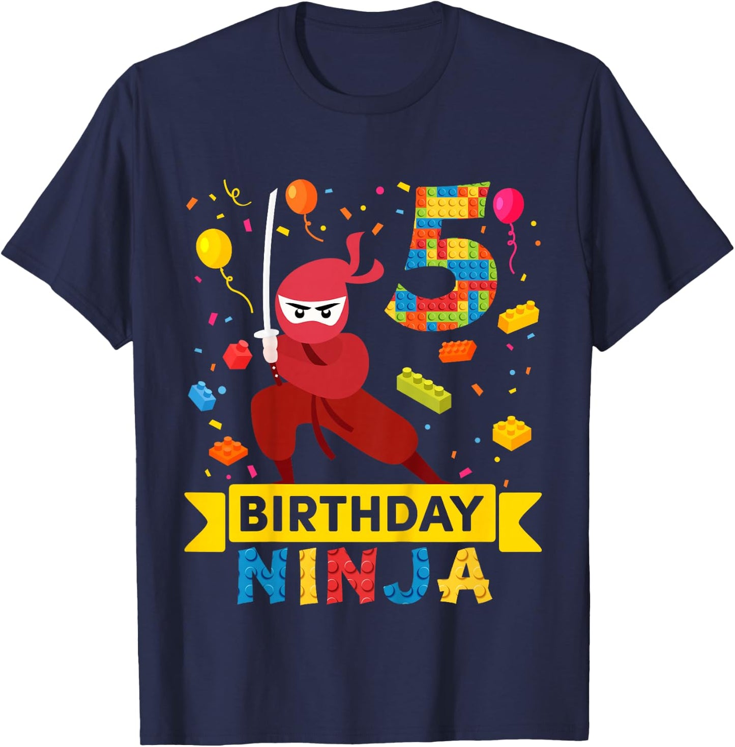 Kids 5 Year Old Building Blocks Ninja 5th Birthday Boy T-Shirt - T-Shirt | Navy