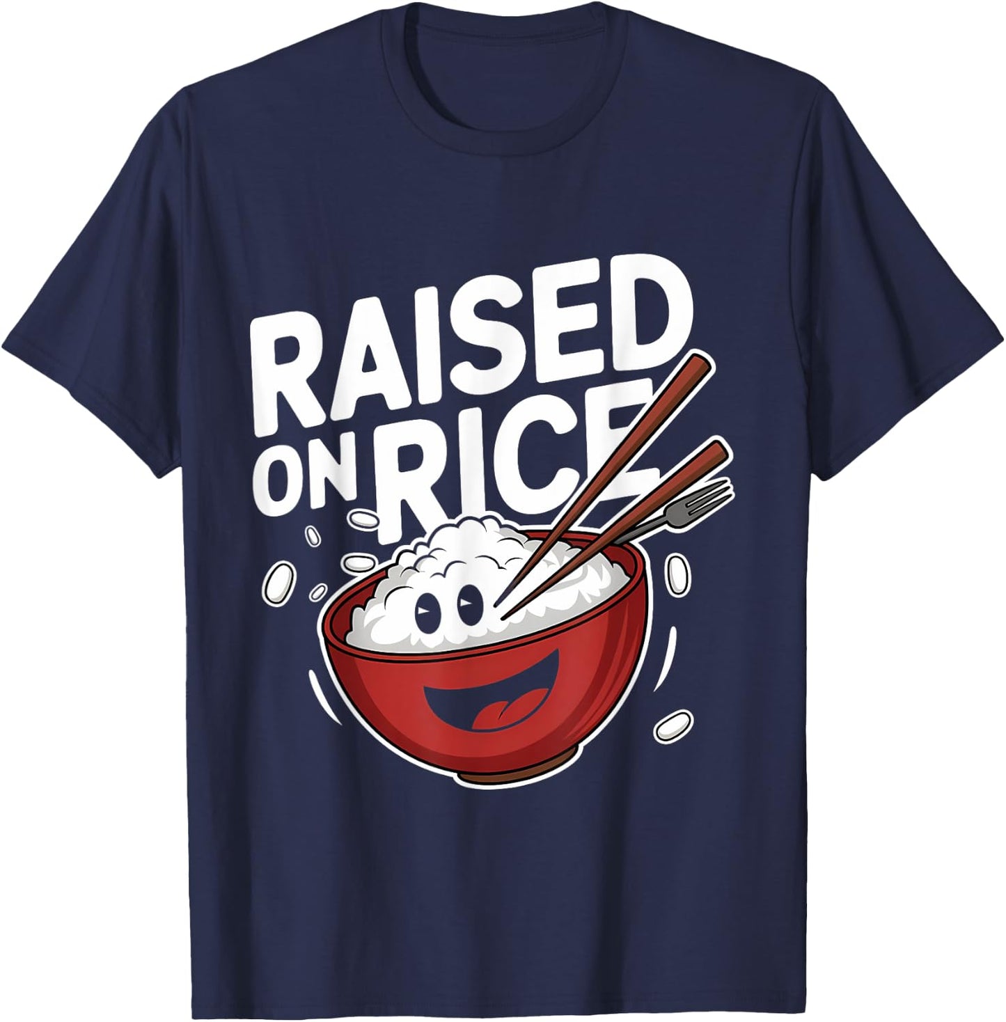 Cute Raised on Rice Bowl Cartoon Design T-Shirt - T-Shirt | Navy