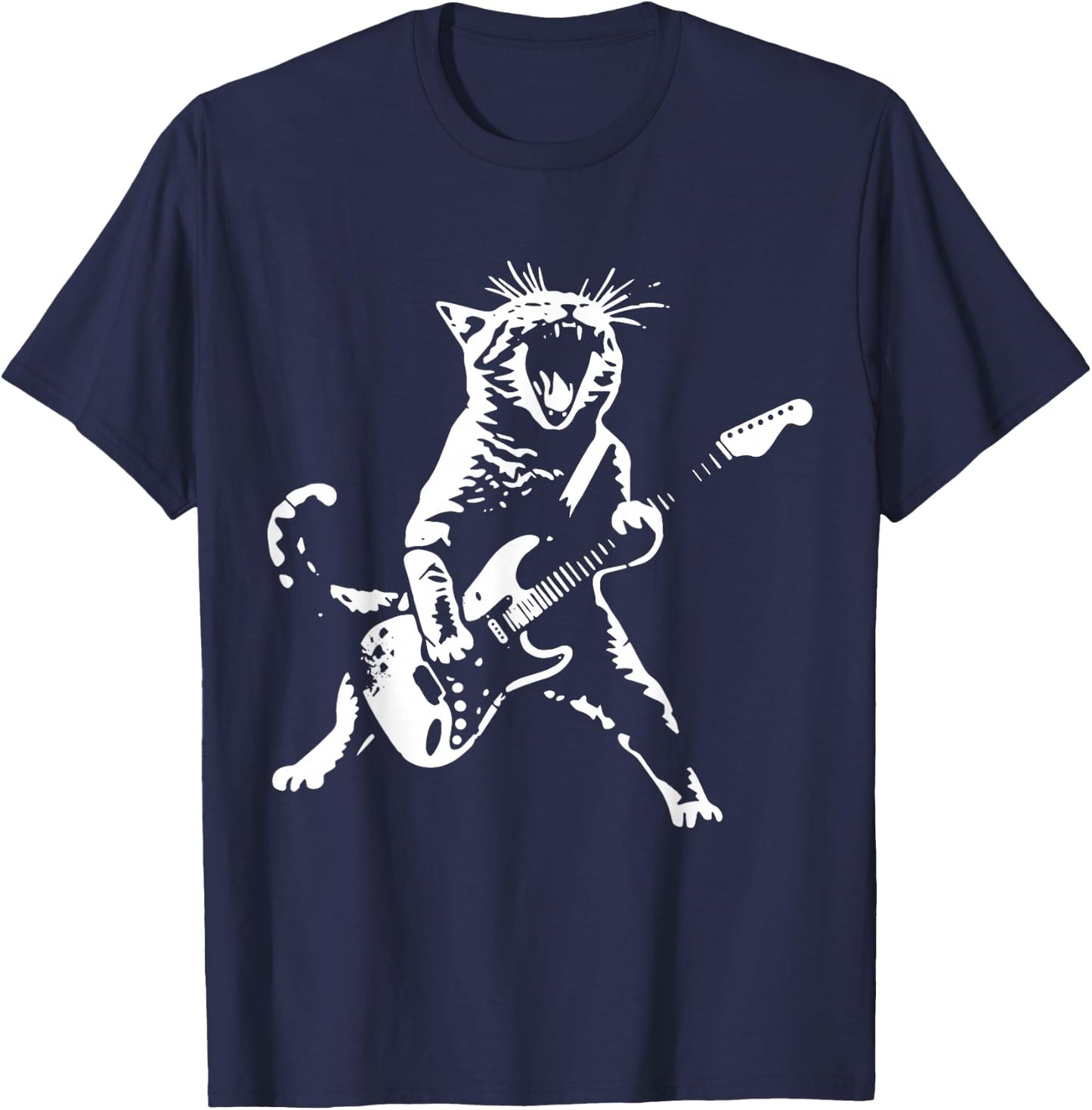 Rock Cat Playing Guitar - Funny Guitar Cat T-Shirt - T-Shirt | Navy