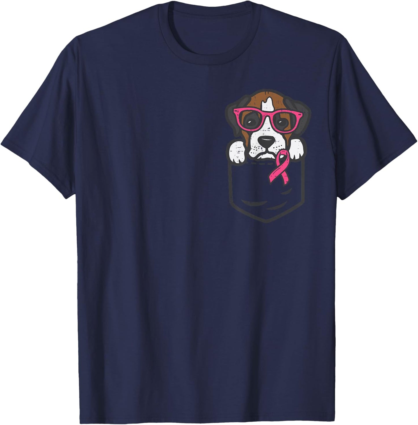 Pocket Boxer Dog Pink Ribbon Breast Cancer Awareness T-Shirt - T-Shirt | Navy