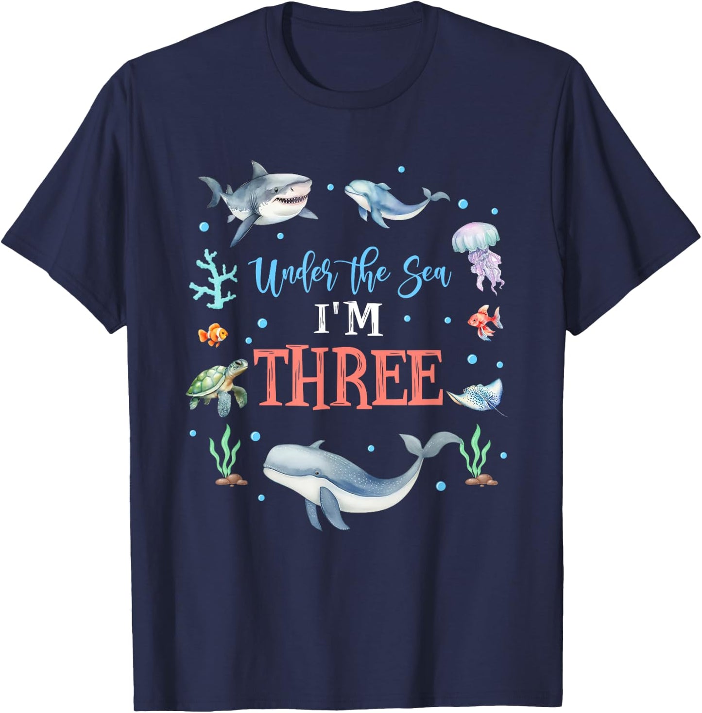 Under The Sea I'm 3 Year Old Ocean Life Whale 3rd Birthday T-Shirt - T-Shirt | Navy