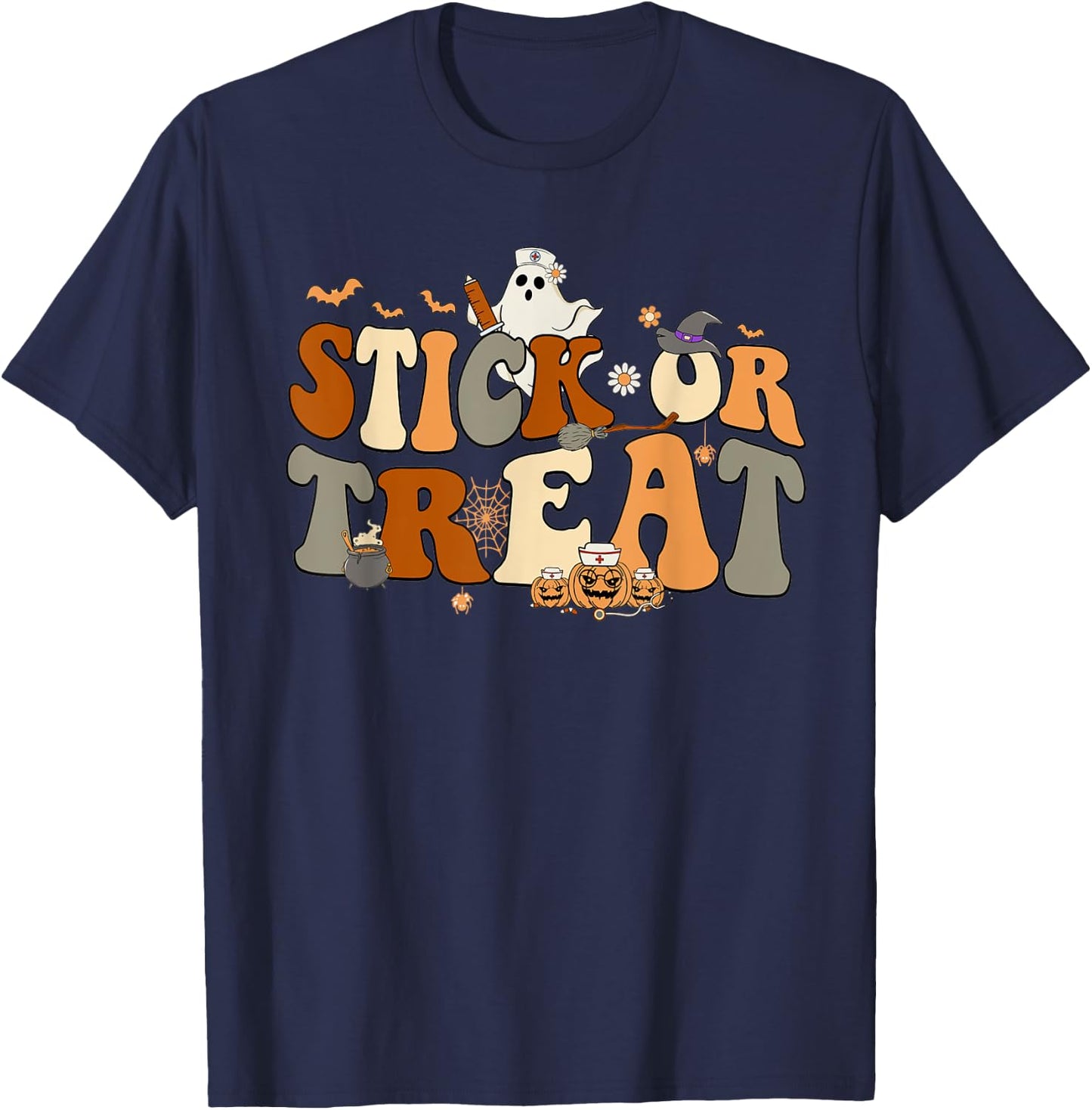 Retro Ghost Stick or Treat Halloween Nurse Spooky Nurse T-Shirt - T-Shirt | Navy