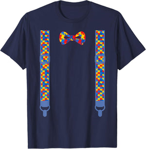 Autism awareness bow tie suspenders Puzzle pieces T-Shirt - T-Shirt | Navy