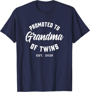 Twins Baby Announcement Family Gifts & Apparel Promoted to Grandma of Twins 2025 Black X-Small Female Modern Classic Round Neck Short Sleeve T-Shirt - T-Shirt | Navy