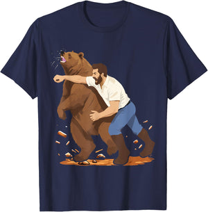 Man Punching Bear Funny Wilderness T-Shirt - T-Shirt | Navy