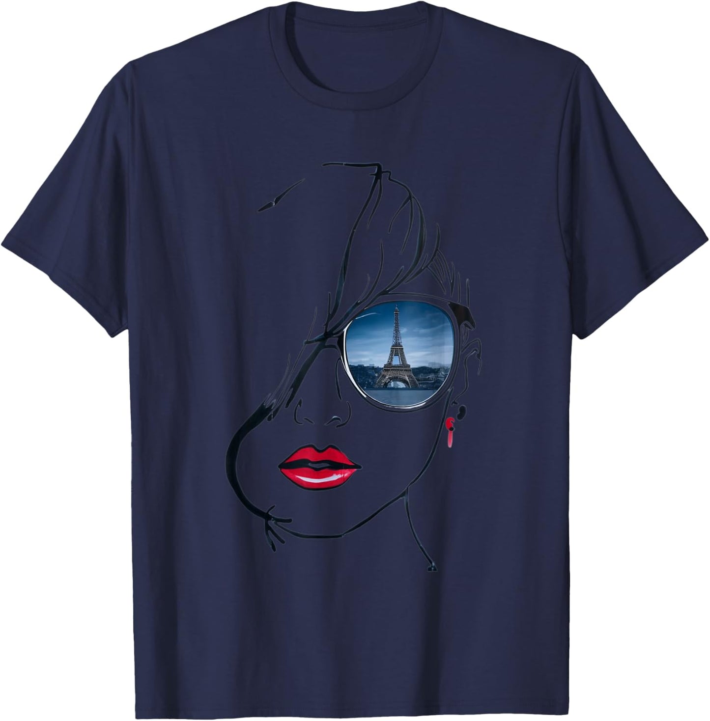 Woman's head lineart, with glasses Eiffel Tower reflection T-Shirt - T-Shirt | Navy