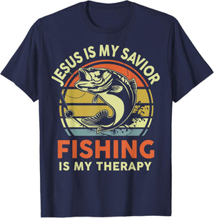 Jesus Is My Savior Fishing Therapy Funny Christian Bass Dad T-Shirt - T-Shirt | Navy