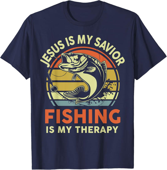 Jesus Is My Savior Fishing Therapy Funny Christian Bass Dad T-Shirt - T-Shirt | Navy