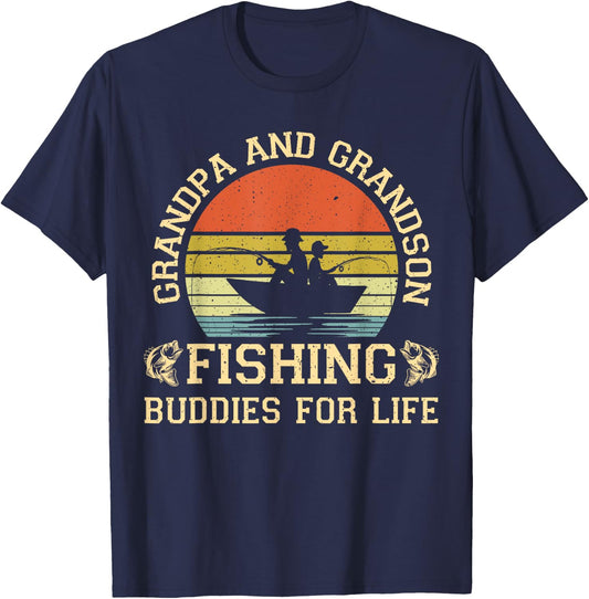 Vintage Grandpa and Grandson Fishing Buddies For Life T-Shirt - T-Shirt | Navy
