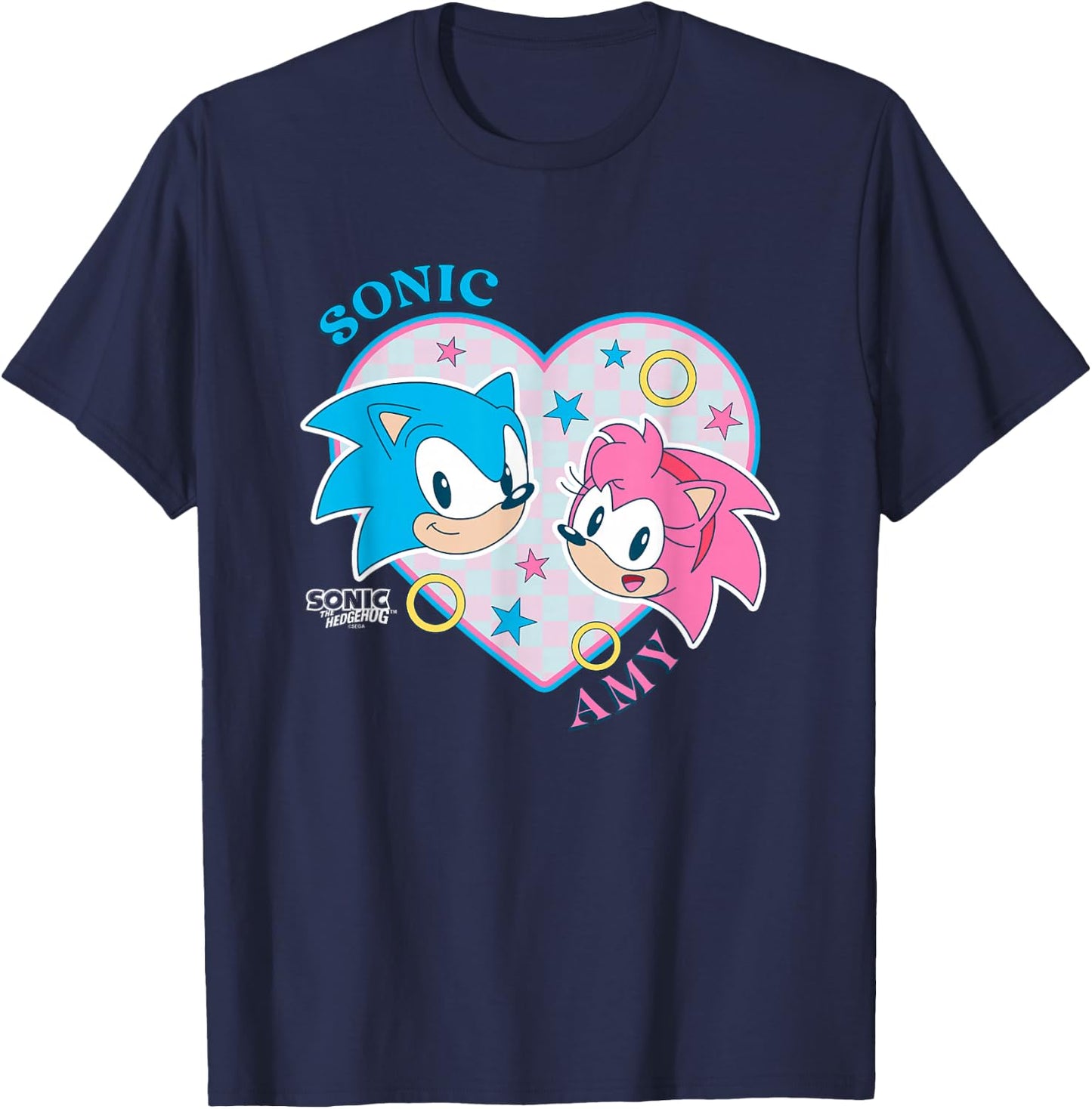 Sonic The Hedgehog Sonic & Amy Heart Shaped Portrait Retro T-Shirt - T-Shirt | Navy