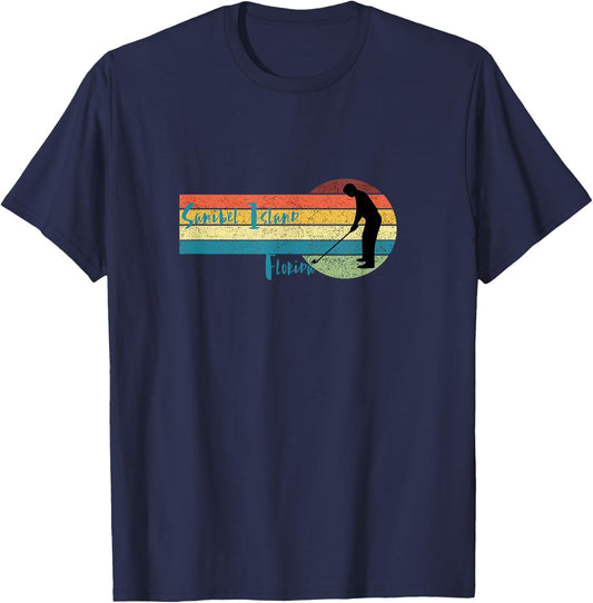 Golf Sanibel Island Fl: Man Golfing in Vintage Sunset T-Shirt - T-Shirt | Navy