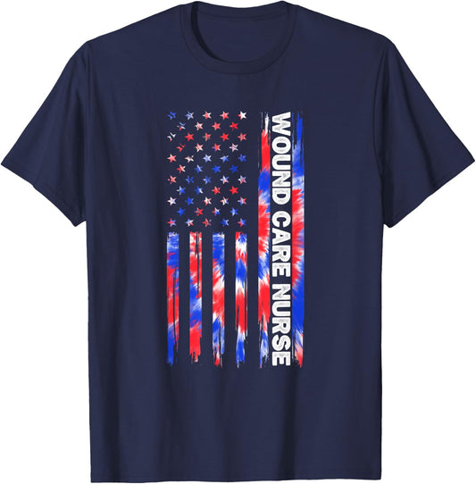 Wound Care Nurse Tie Dye American Flag 4th Of July Ostomy Women Men T-Shirt - T-Shirt | Navy