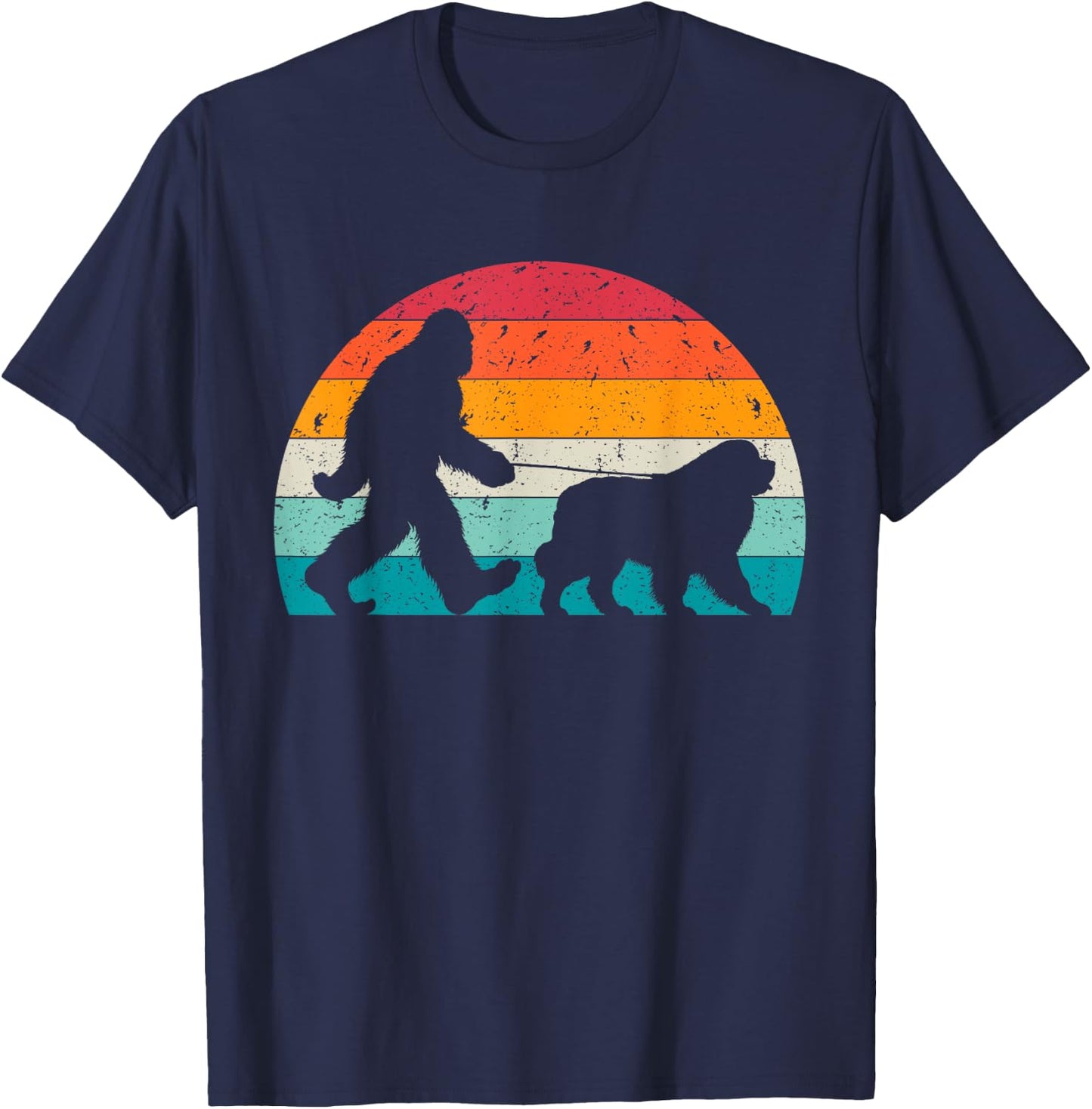 Bigfoot Walking a Dog Funny Newfie Lovers Dog Dad Women Kids T-Shirt - T-Shirt | Navy