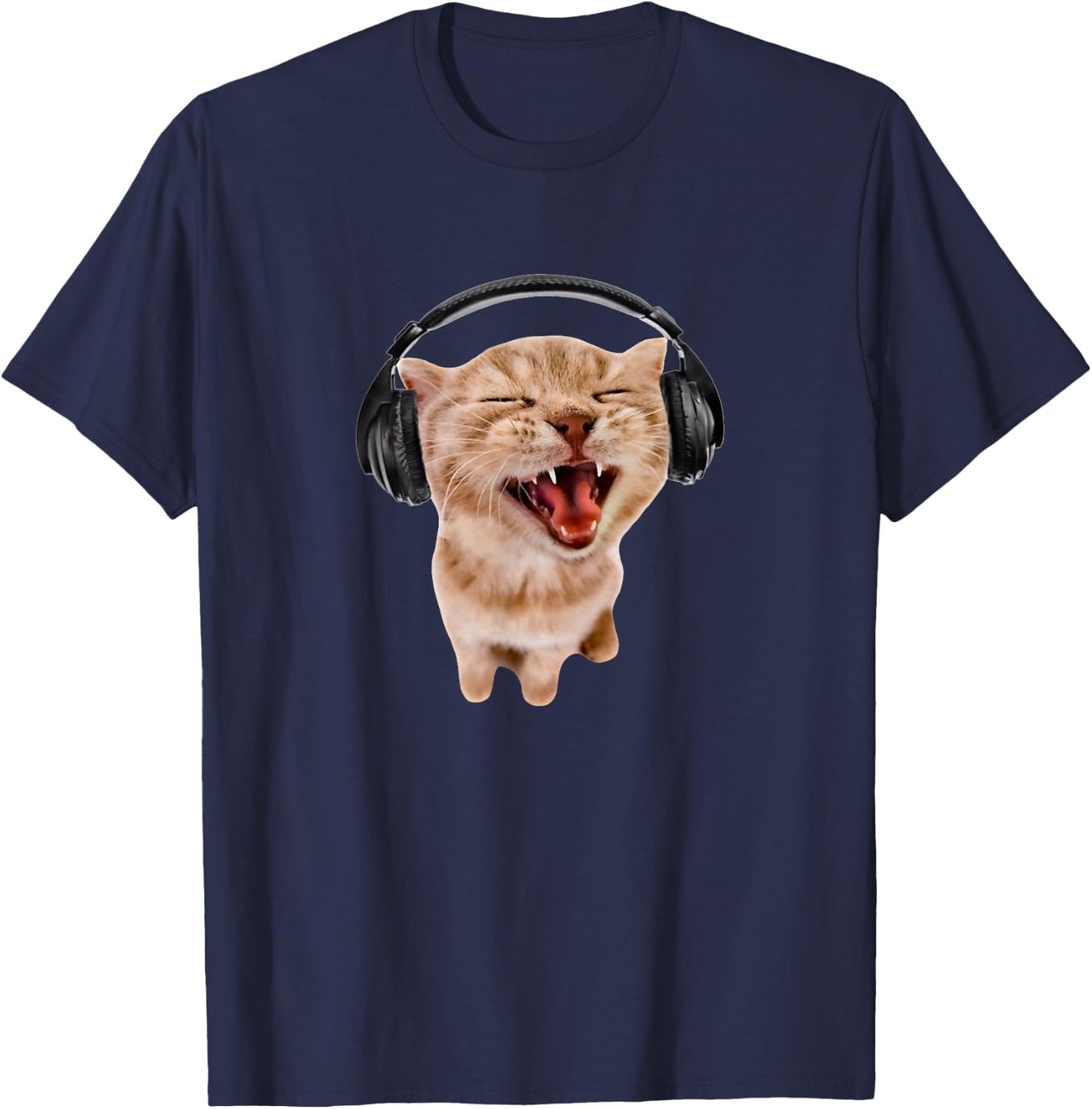 Silly Cat With Headphones T-Shirt - T-Shirt | Navy