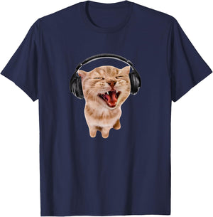 Silly Cat With Headphones T-Shirt - T-Shirt | Navy