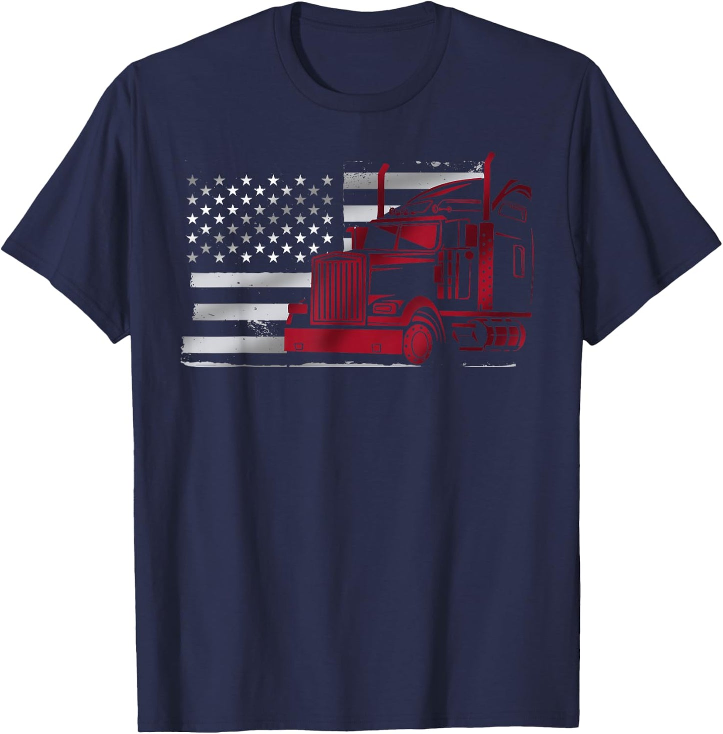 American Flag Semi Truck Driver 18 Wheeler Patriotic Trucker T-Shirt - T-Shirt | Navy