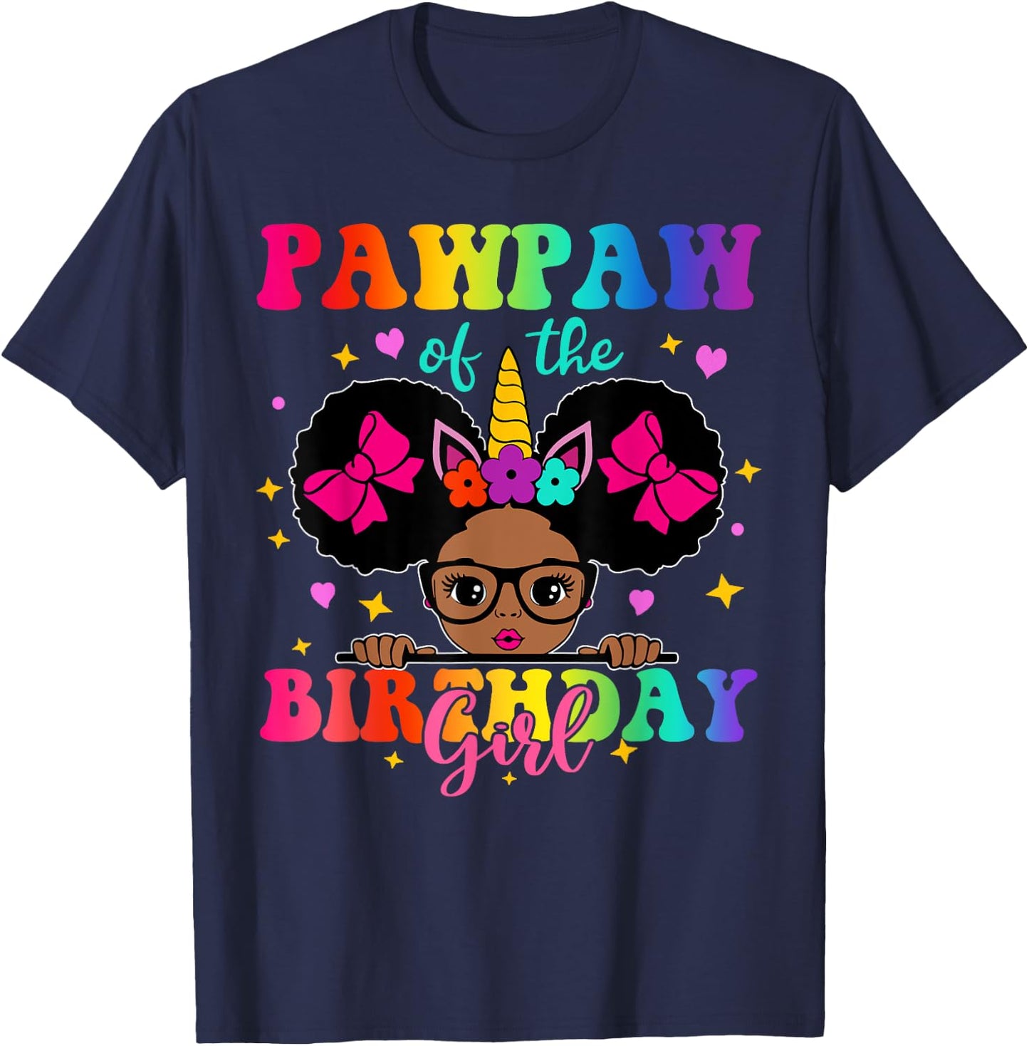 Pawpaw of The Birthday Girl Princess Afro Melanin Unicorn T-Shirt - T-Shirt | Navy