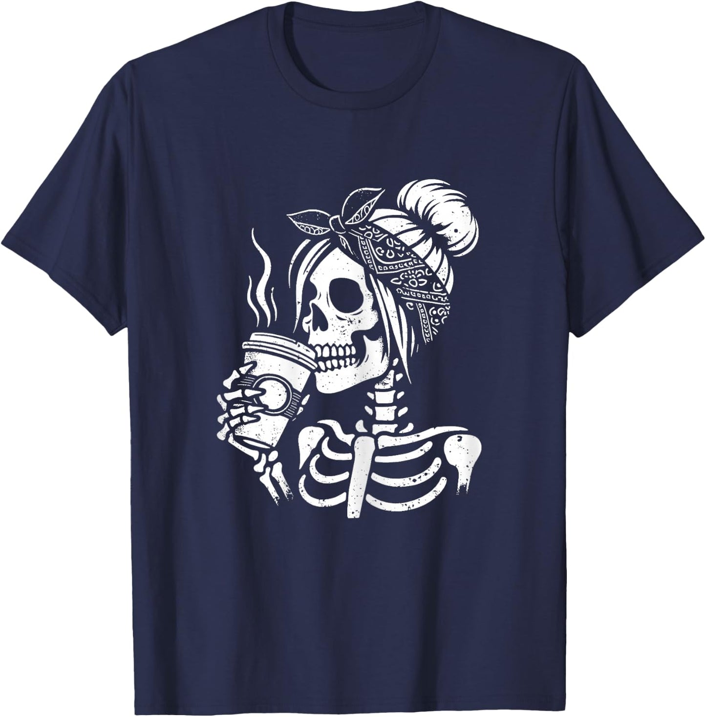 Halloween Skeleton Messy Bun Coffee Funny Costume Mom Women T-Shirt - T-Shirt | Navy