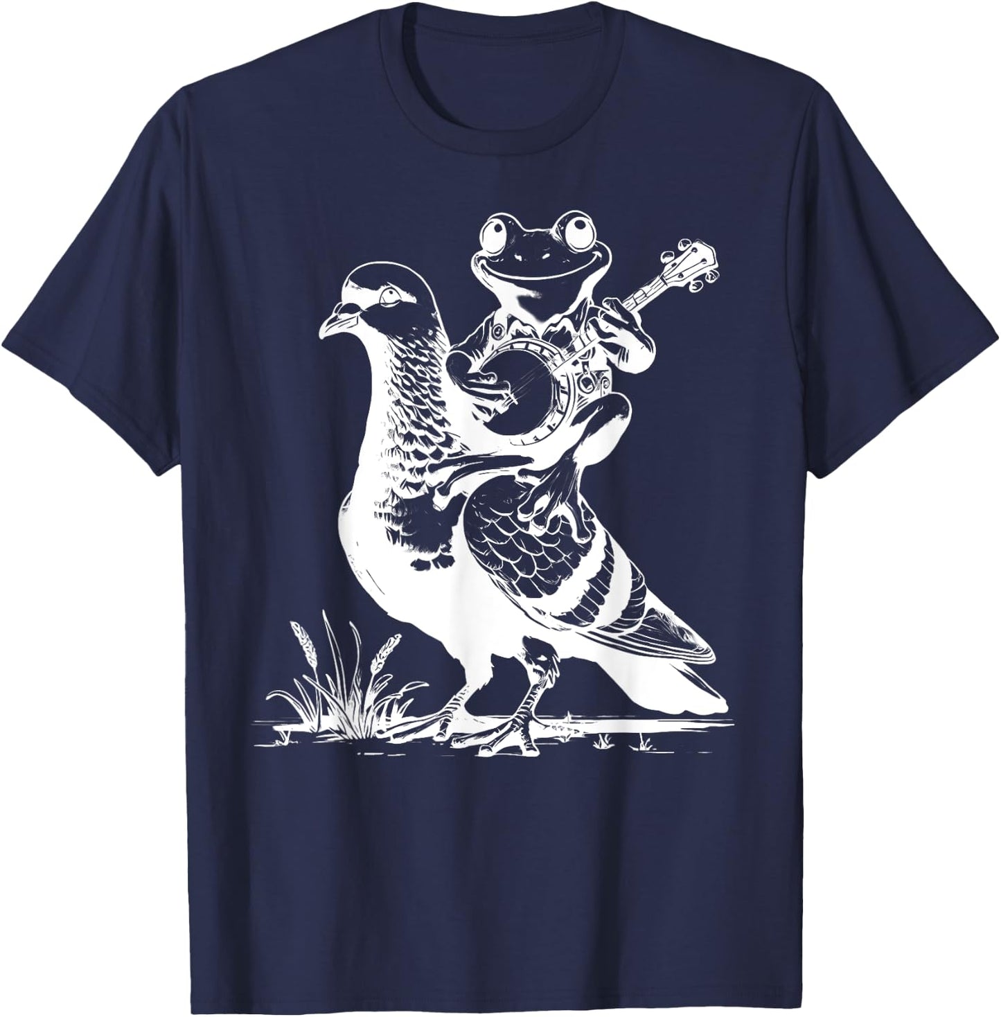Retro Funny Frog Playing Banjo On Pigeon Animal Lover T-Shirt - T-Shirt | Navy