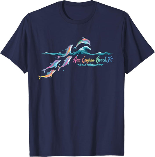 New Smyrna Beach Florida Colorful Dolphin Lover Beach T-Shirt - T-Shirt | Navy