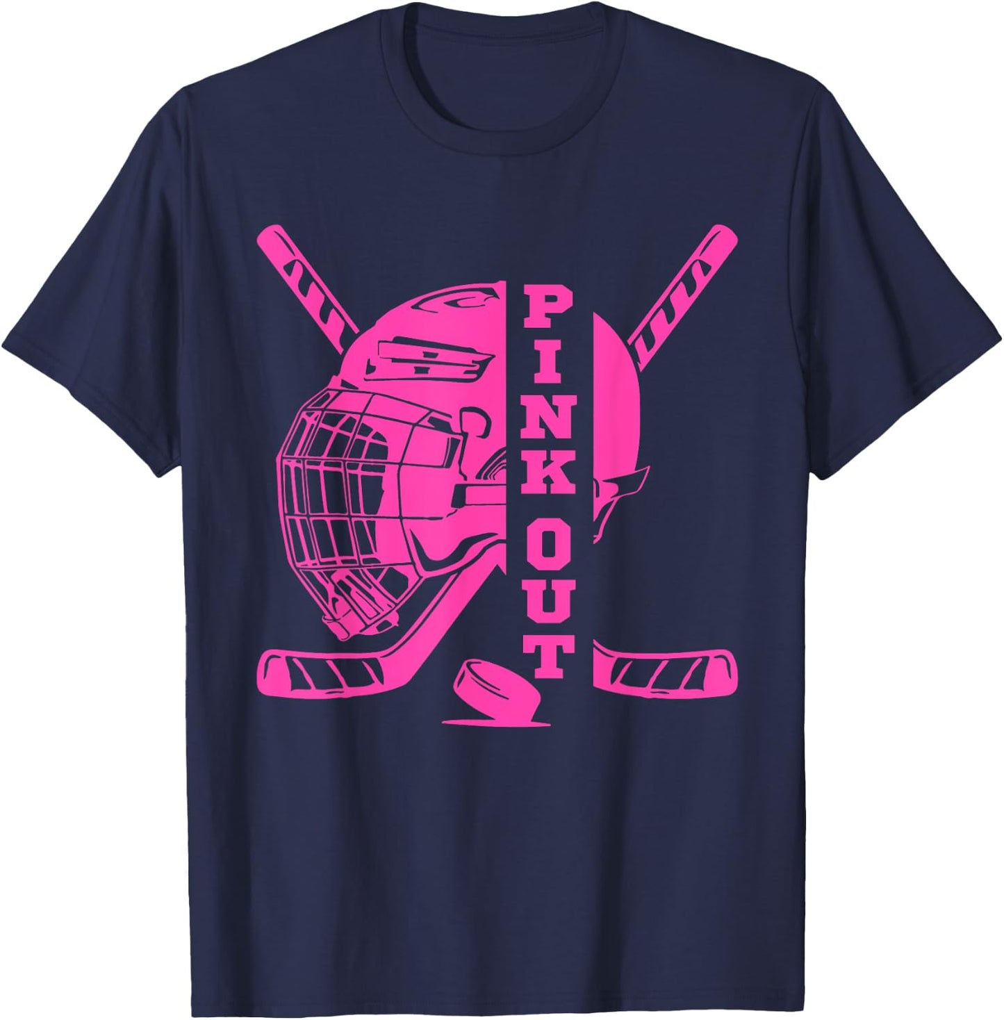 Pink Out Breast Cancer Awareness Ice Hockey Pink Ribbon T-Shirt - T-Shirt | Navy