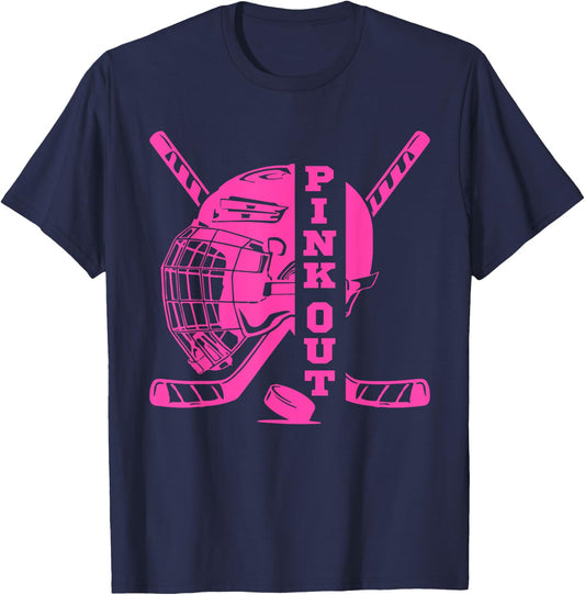Pink Out Breast Cancer Awareness Ice Hockey Pink Ribbon T-Shirt - T-Shirt | Navy