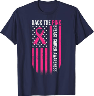 Back The Pink American Flag Breast Cancer Awareness Ribbon T-Shirt - T-Shirt | Navy
