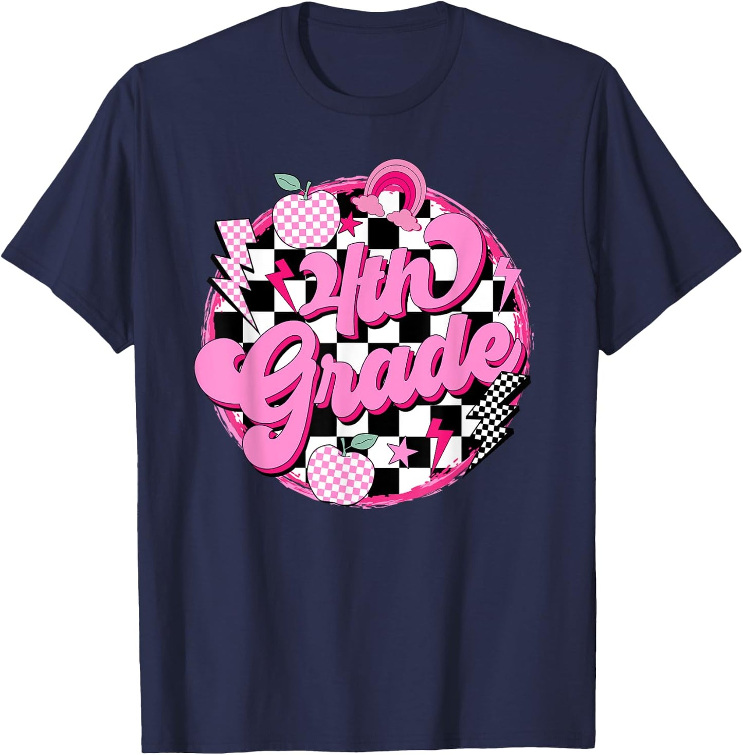4th Grade Teacher Women Retro Checkered First Day of School T-Shirt - T-Shirt | Navy